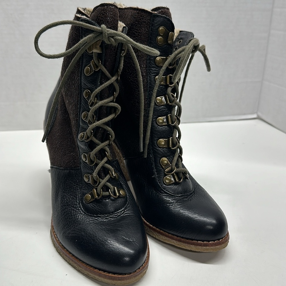 Sam Edelman Tara High Heeled Ankle Boots Leather Shearling Lined Brown Black 7.5 - Picture 4 of 8